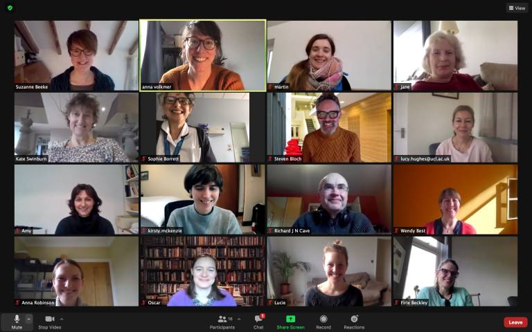 Picture of the Better Conversations Lab having a Zoom meeting. Small pictures of several of the team members can be seen.