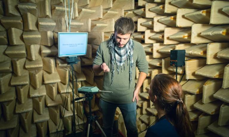 Photo of experiment taking place in an anechoic chamber