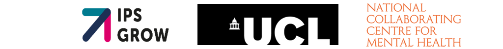 IPS Framework logo banner. Right to left: IPS Grow logo; UCL logo; National Collaborating Centre for Mental Health logo