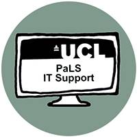 Illustration of a computer with UCL logo and the words PaLs IT Support on the screen
