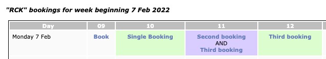 Double-booking a slot is shown in purple