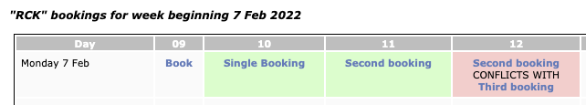 Conflicting bookings are shown in red