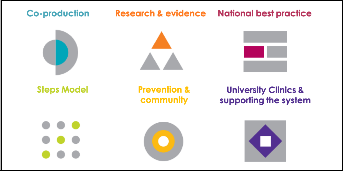 PsychUP's workstreams: coproduction, research and evidence, national best practice, prevention & community, steps model