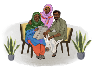 Illustration of a family who care for a relative with dementia
