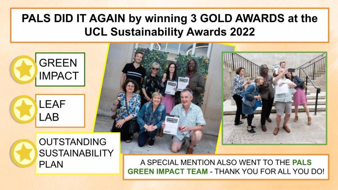 A poster of PALS awards from the UCL sustainability awards ceremony in 2022