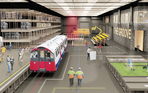 A tube train model in a large hangar