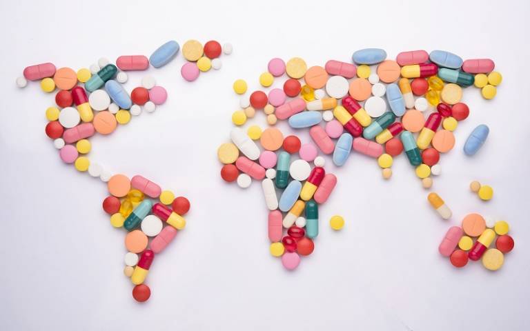 World map made of pills and tablets