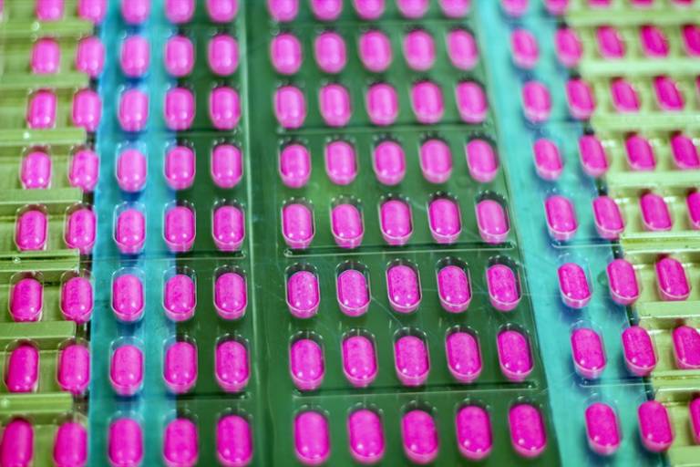 Pink pills in a blister pack on a production line.