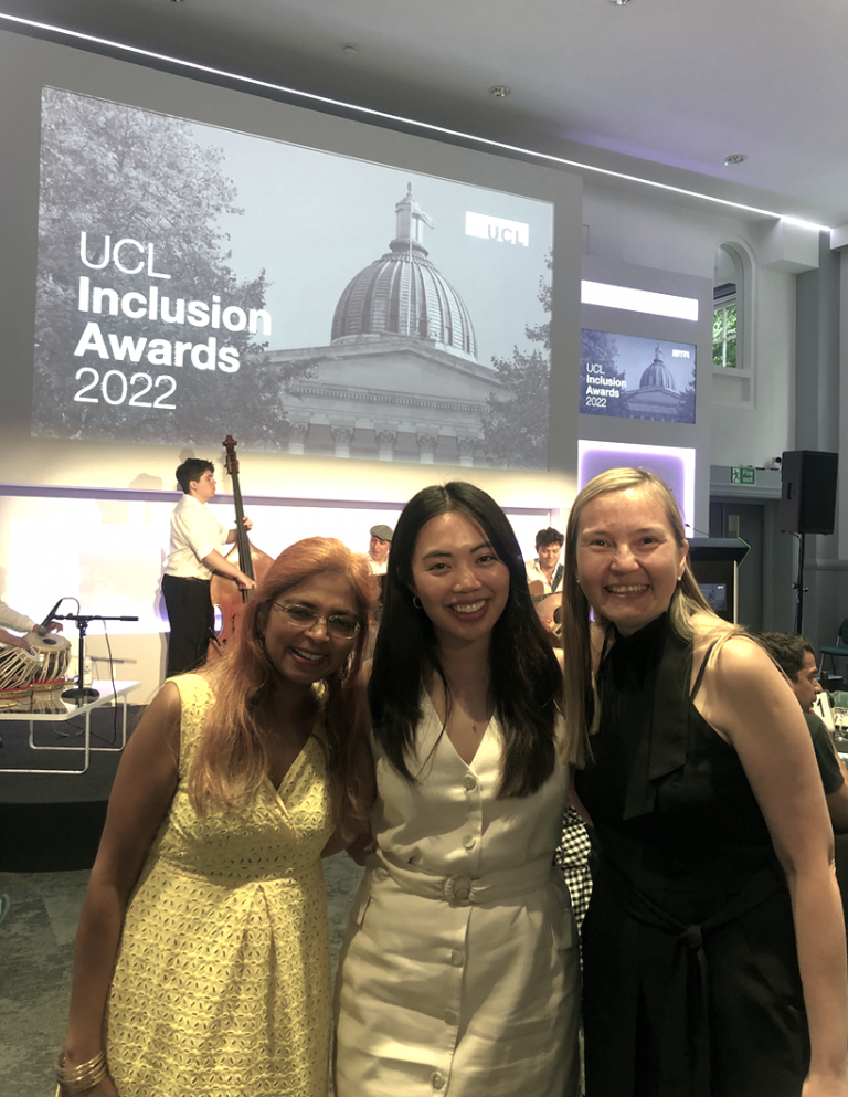 Sudax Murdan with Christine Madla and Mine Orlu at the UCL Inclusion Awards 2022