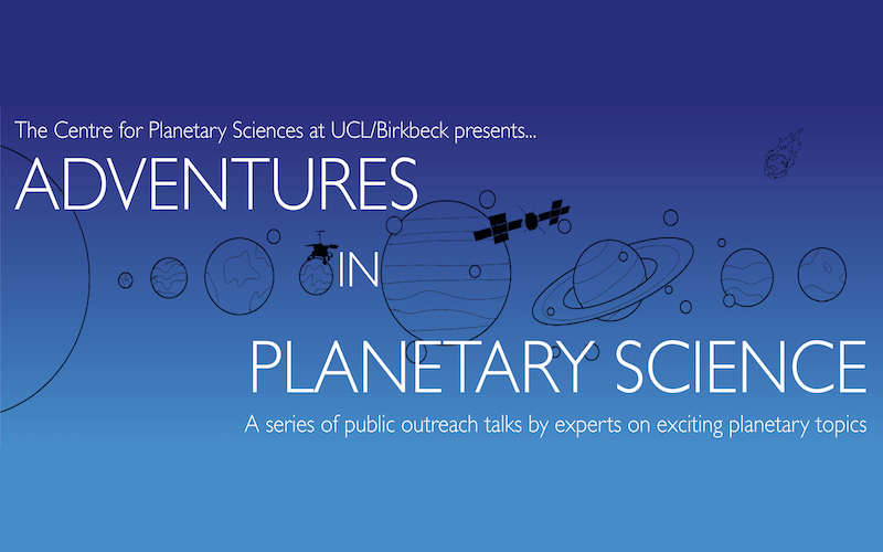 Adventures in Planetary Science image banner on ombre blue background with line illustration of solar system planetsplanets 