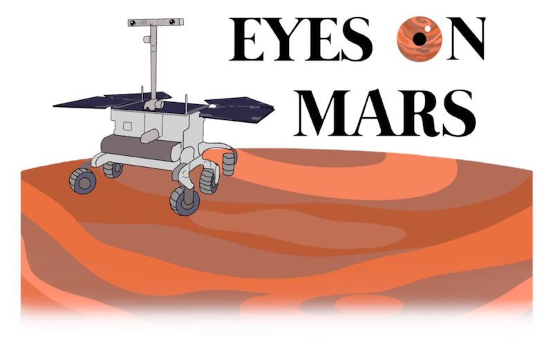 Cartoon illustration of the Rosalind Franklin rover on an orange-red swirly Mars surface next to the words Eyes on Mars, where the O of On is a cartoon of Mars with an eye on it