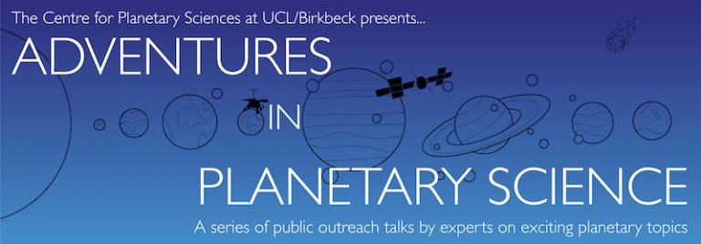 Adventures in Planetary Science image banner on ombre blue background with line illustration of solar system planetsplanets 