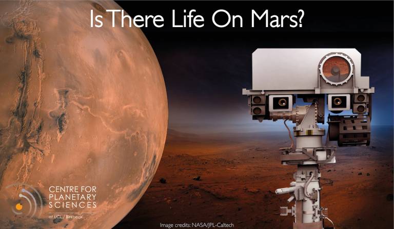 Image of Mars globe on left with Mars rover masthead on the right and words 'Is there life on Mars?' at the top