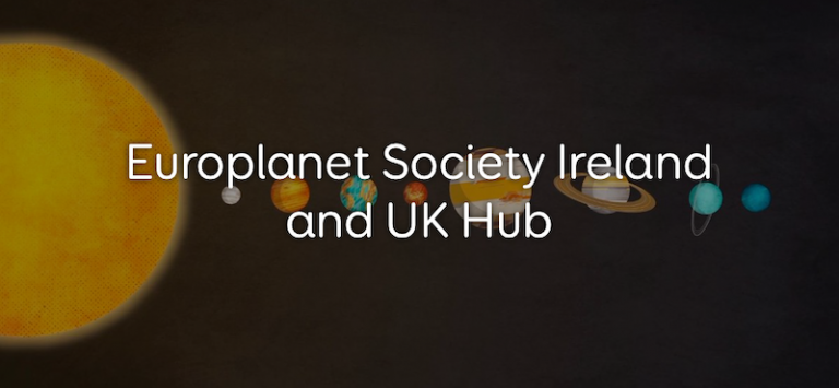 Illustration of Solar System planets from the Sun on the left to Neptune on the right on a black background, with the words Europlanet Society Ireland and UK Hub printed in white over the top