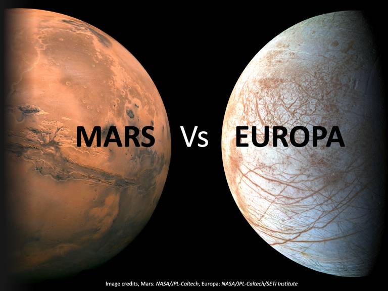 Half globe of Mars on left and half globe of Europa on the right with the words Mars Vs Europa across the middle of the image. Image credits, Mars: NASA/JPL-Caltech, Europa: NASA/JPL-Caltech/SETI Institute 