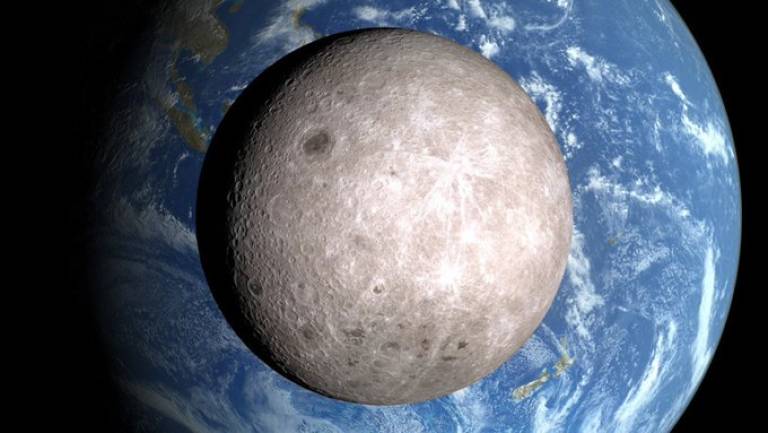 Image of the Moon's far side shown in front of the globe of the Earth. Credit: NASA