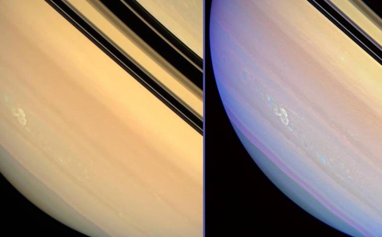 Images of a storm in Saturn’s atmosphere obtained with the Cassini spacecraft wide-angle camera on March 4, 2008. Cr