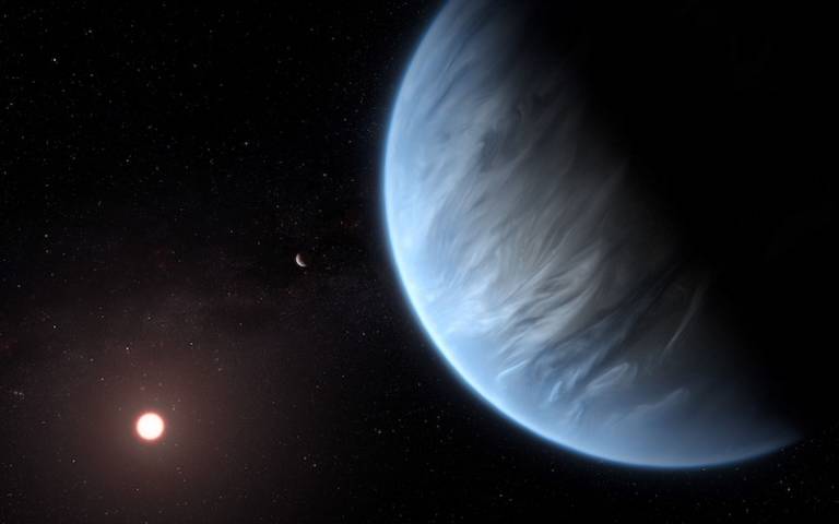 Exoplanet K2-18b (artist’s Impression) showing the planet, its host star and an accompanying planet in this system. Credit: ESA/Hubble, M. Kornmesser