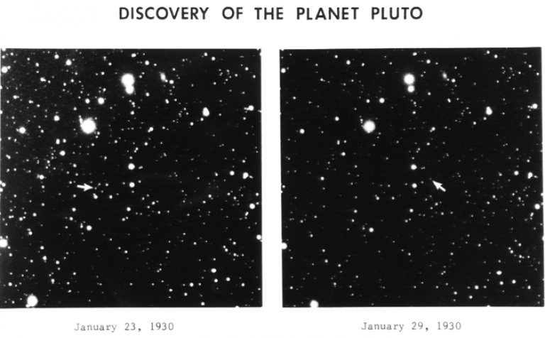Original plates from Clyde Tombaugh's discovery of Pluto (apparent magnitude +15.1). Credit: Lowell Observatory Archives via Wikipedia