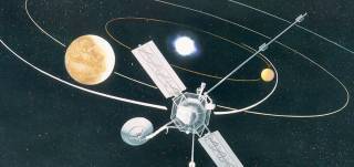 Illustration of satellite in orbit, with planets, around a star