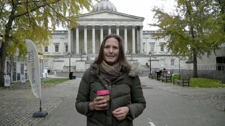 Climate Emergency - Dr Helen Czerski outside the UCL Main Building Front Quad