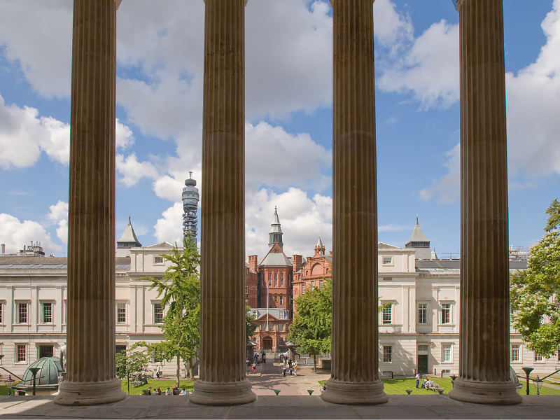Looking out across the UCL quad, through the portico columns