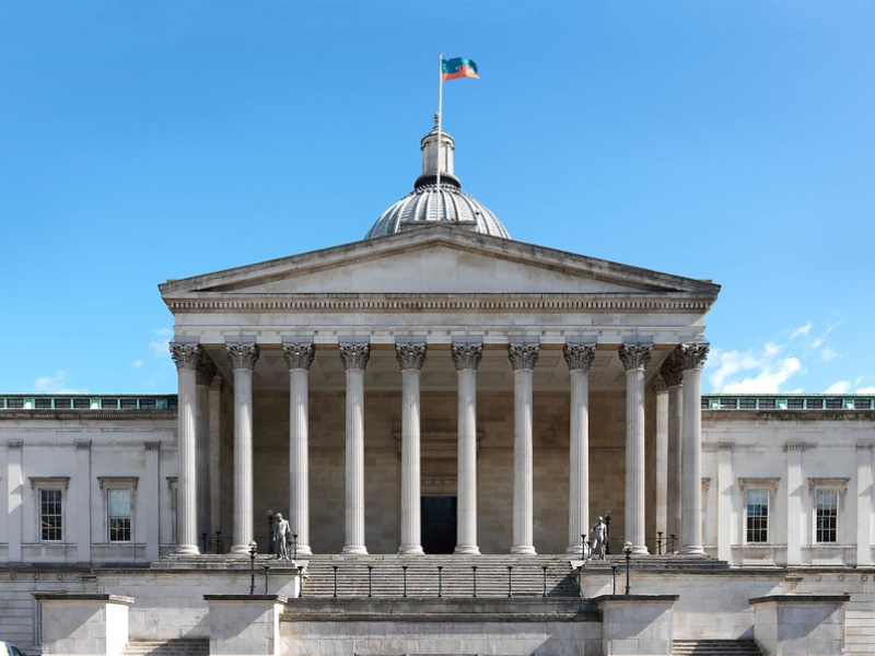 Image shows the UCL portico on a bright sunny day