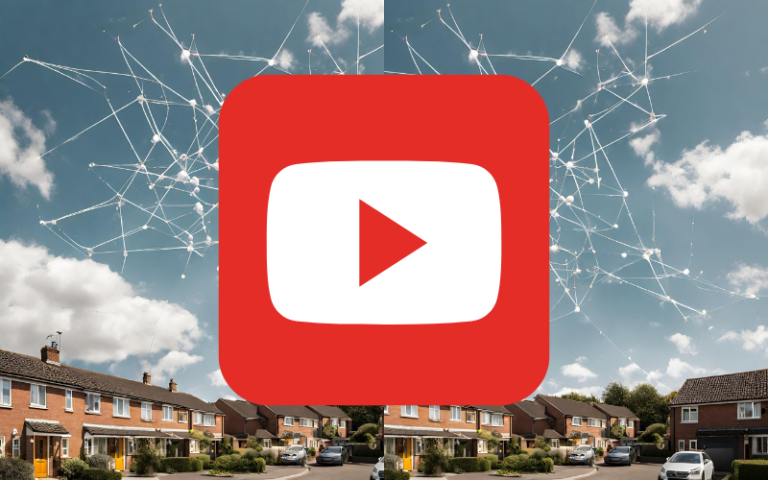 Youtube 'play' button on top of image showing a visual representation of data in the sky above a houseing estate