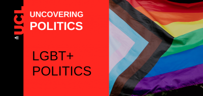 Uncovering Politics podcast logo and LGBTQI+ flag