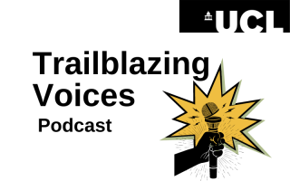 Trailblazing Voices podcast image showing a hand holding a microphone with purpose, against a backdrop of a yellow "boom" cartoon image