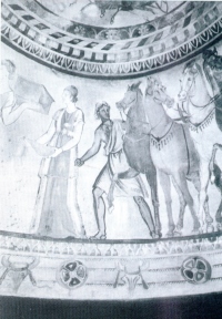 A section of the frescoes in the Kazanluk tomb replica (photography in the original tomb is not permitted for conservation reasons)