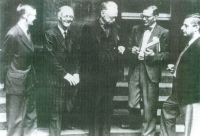 Prehistoric Society meeting, Edinburgh 1954: (l to r) Terence Powell (Vice-President), C.A. Ralegh Radford (President), V. Gordon Childe, Richard Atkinson, Stuart Piggott (Council members)