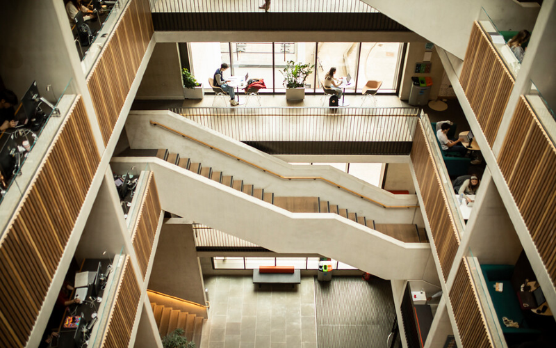 View of staircases in UCL student centre building.
