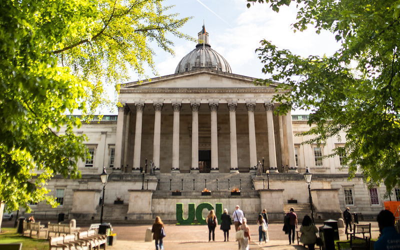 Front view of UCL portico building and main quad.