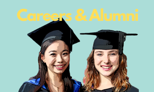 Alumni at graduation. Text reads: Careers and Alumni