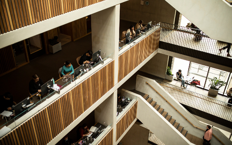 A view down the staircase of the UCL student centre.