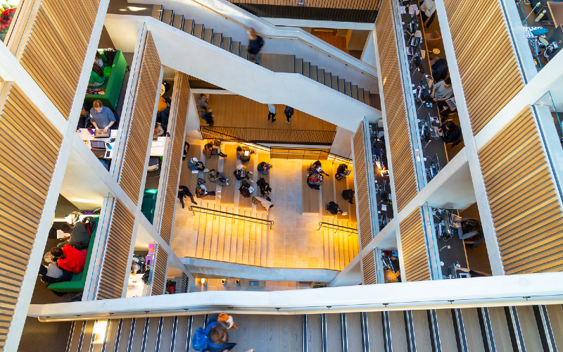 A bird's eye view of the staircases in the UCL student centre.