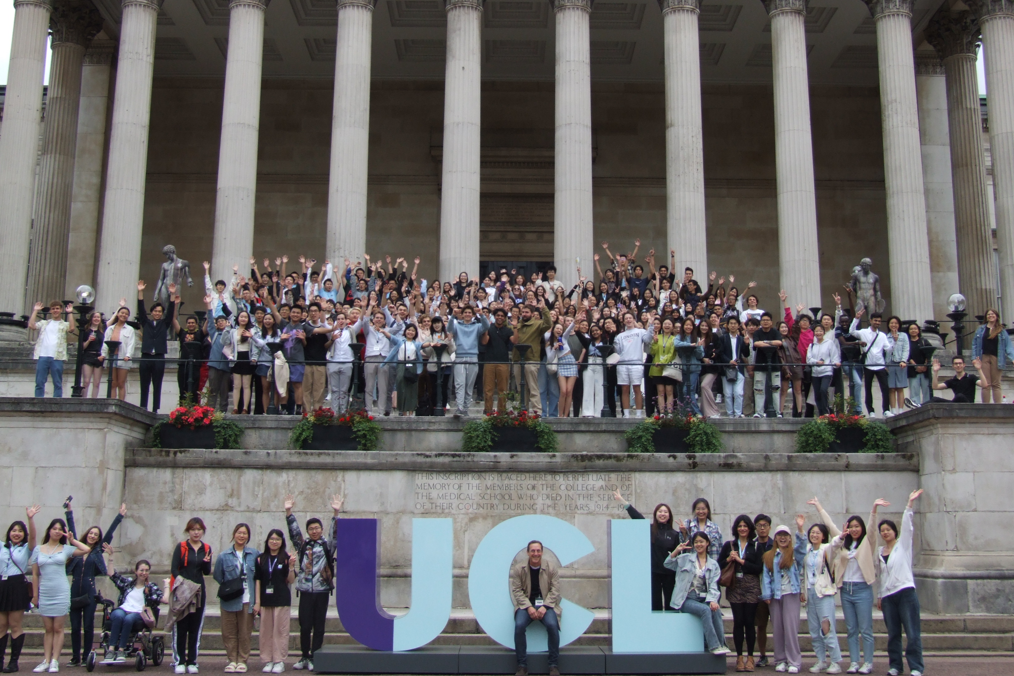UCL Summer School 2023 on the steps of the Portico Building