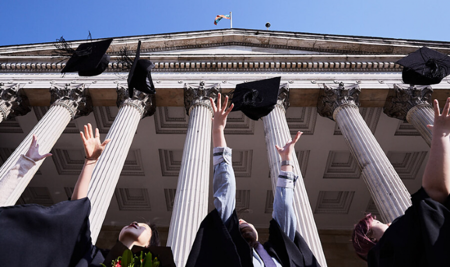 UCL Graduates through caps into the air. 