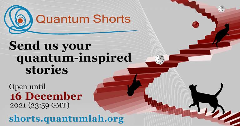 Quantum Shorts poster with black cats, a twisting staircase and dice.