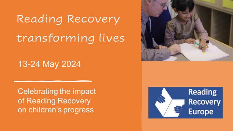 a poster for the event showing a Reading Recovery logo and an image of a girl writing during her lesson with a male teacher 