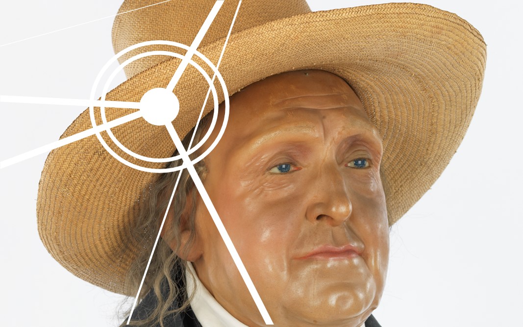 Close up of Jeremy Bentham waxwork head