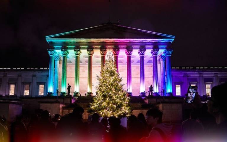 UCL Portico at night with Christmas tree in front