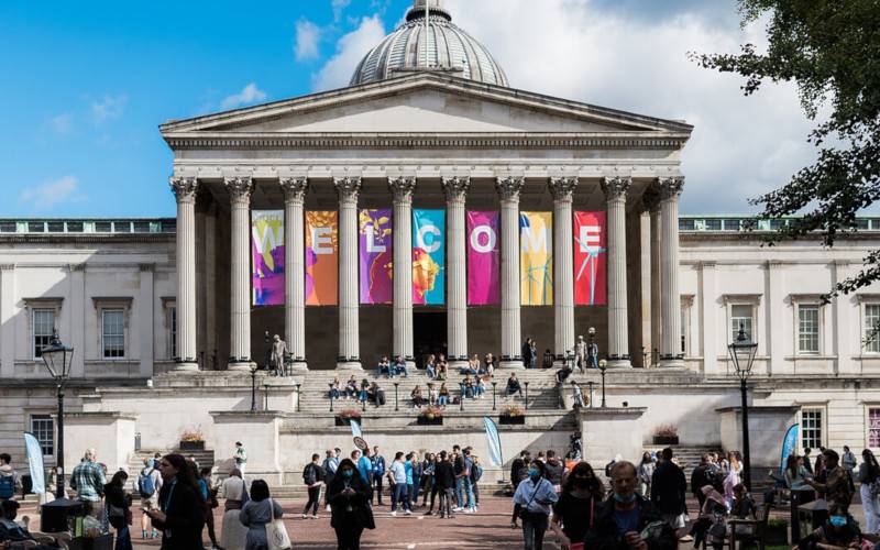 UCL Portico building with banners spelling out welcome