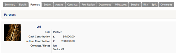 Screenshot of Worktribe showing collaborative research income in Partners tab