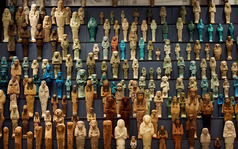 Collection of shabti on display in the UCL Petrie Museum