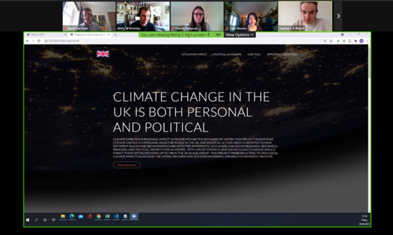 screenshot of online hackathon. Text says: Climate Change in the UK is both personal and political