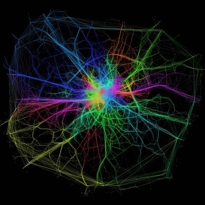 Having reduced the routes of minicabs during 700000 journeys across London into flows between important junctions on the road network, this image demonstrates how clusters in activity may be identified within this network representation. In this wor…