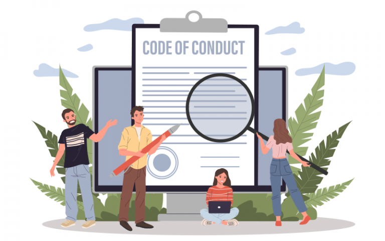 a graphic image of people looking at the words 'code of conduct'