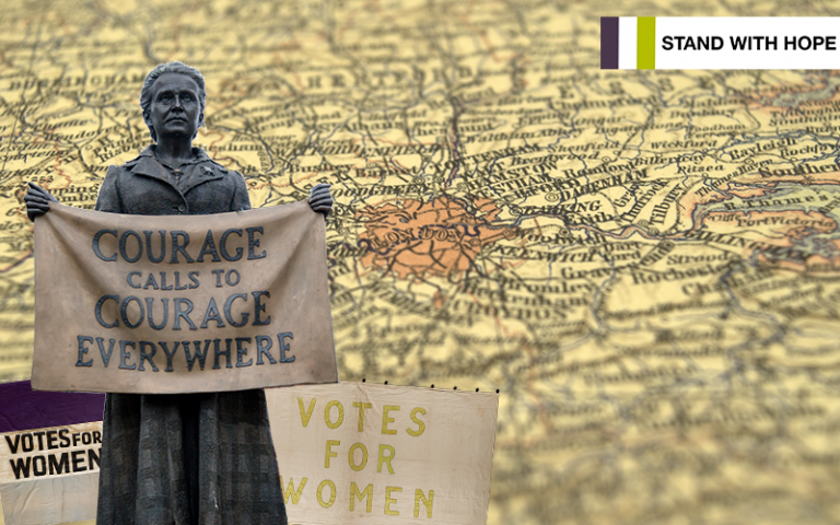 an image of a map with suffrage graphics overlayed